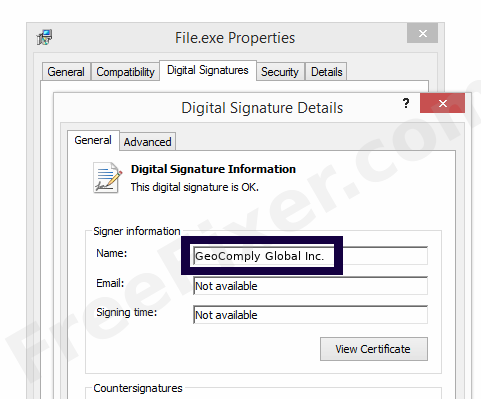 Screenshot of the GeoComply Global Inc. certificate